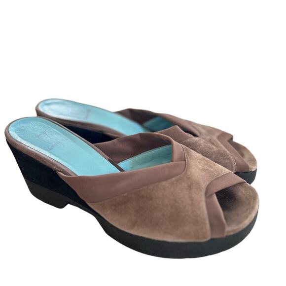 Thierry Rabotin Brown Suede & Fabric Wedge Peep Toe Sandal - Picture 1 of 8